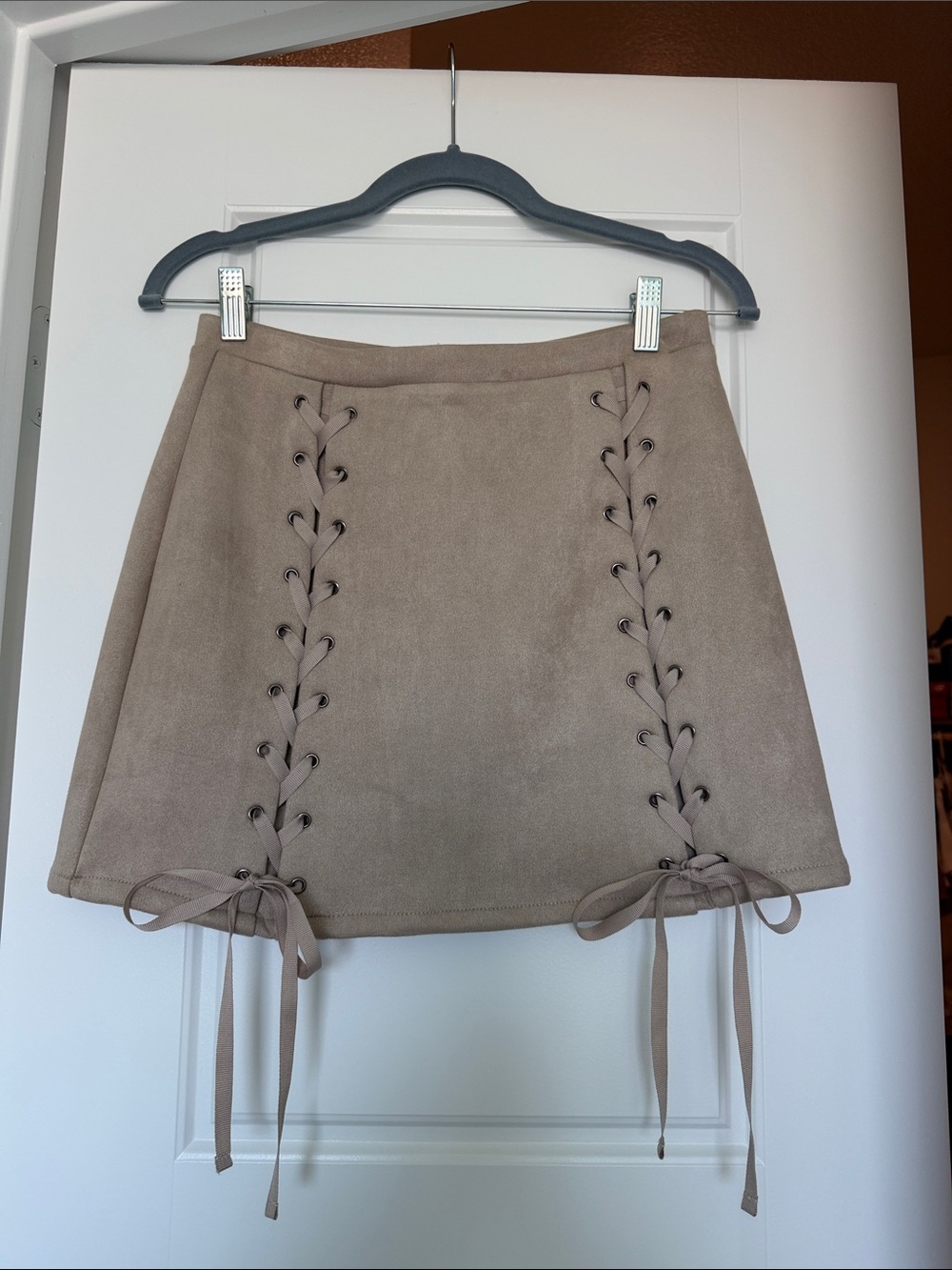 Honey Punch Taupe Lace-Up Suede Mini Skirt
